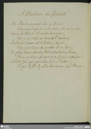 À Madame du Chatelet.