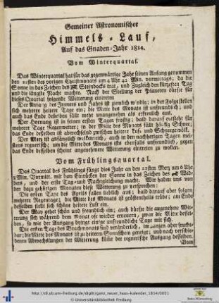 Gemeiner Astronomischer Himmels-Lauf, auf das Jahr 1814.
