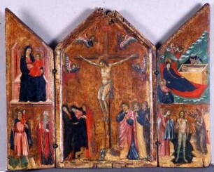 Mittelbild: Kreuzigung Christi; linker Flügel: Thronende Madonna und zwei Heilige; rechter Flügel: Geburt und Taufe Christi, Folio 00025