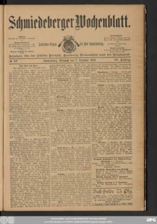 Schmiedeberger Wochenblatt, No 97 Schmiedeberg, Mittwoch den 7. Dezember 1898