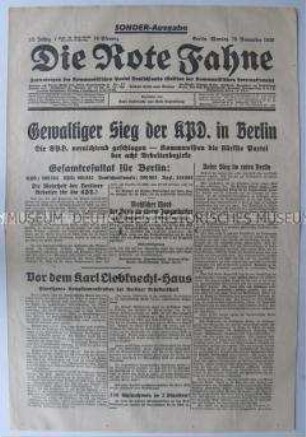 Sonderausgabe der Tageszeitung der KPD "Die Rote Fahne" mit den Ergebnissen der Kommunalwahlen in Berlin