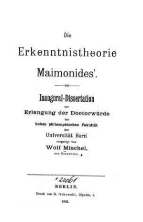 Die Erkenntnistheorie Maimonides' / Mischel Wolf