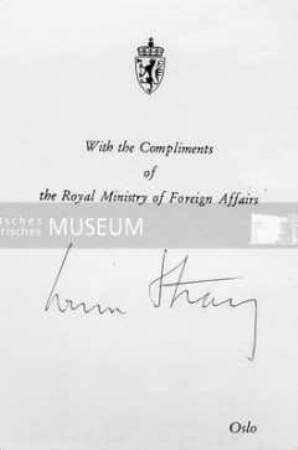 Signierte Visitenkarte aus dem königlichen Außenministerium Norwegens