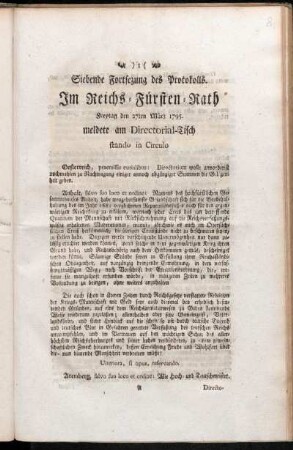 Siebende Fortsezung des Protokolls : Im Reichs-Fürsten-Rath Freytag den 27ten März 1795. meldete am Directorial-Tisch stando in Circulo