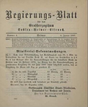 4. Ministerial-Bekanntmachung, die Vergütungssätze bei Naturalleistungen für die bewaffnete Macht im Frieden während des Jahres 1887 betreffend