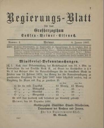 4. Ministerial-Bekanntmachung, die Vergütungssätze bei Naturalleistungen für die bewaffnete Macht im Frieden während des Jahres 1887 betreffend