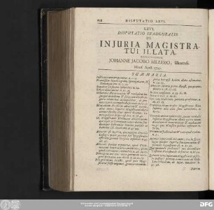 LXVI. Disputatio Inauguralis De Iniuria Magistratui Illata. Respondente Iohanne Iacobo Millero, Ulmensi. Mens. April. 1707.