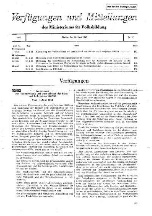 Anweisung zur Vorbereitung und zum Ablauf des Schul- und Lehrjahres 1962/63 vom 1. Juni 1962 ; [Verfügungen]