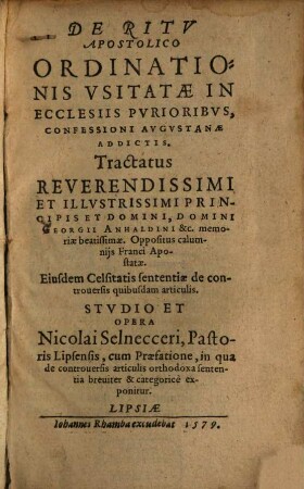 De ritu apostolico ordinationis usitatae in ecclesiis purioribus tractatus
