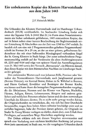 Ein unbekanntes Kopiar des Klosters Harvestehude aus dem Jahre 1443