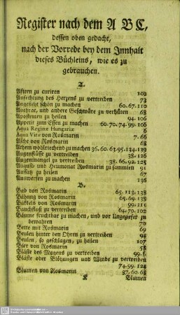 Register nach dem ABC, dessen oben gedacht, nach der Vorrede bey dem Innhalt dieses Büchleins, wie es zu gebrauchen