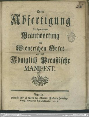 Kurtze Abfertigung der sogenannten Beantwortung des Wienerschen Hofes auf das Königlich Preußische Manifest