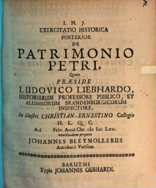 Exercitatio Historica Posterior De Patrimonio Petri