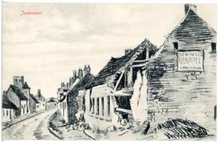 Juvincourt, Frankreich. Hauptstraße mit Trümmerhäusern. Malerei nach Fotografie