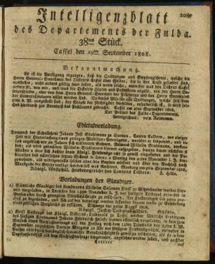38tes Stück. Cassel den 19ten September 1808