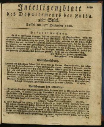 38tes Stück. Cassel den 19ten September 1808