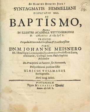 Syntagmatis Himmeliani Disputatio XXIII. De Baptismo