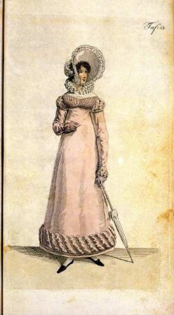 Biedermeier Mode aus: Journal für Literatur, Kunst, Luxus und Mode, Bd. 33, Jg. 1818 — Tafel 13: Dame in rosa Kleid mit Hut und Schirm