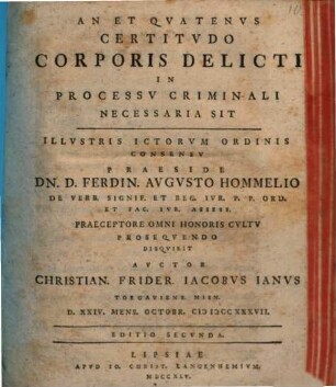 An Et Qvatenvs Certitvdo Corporis Delicti In Processv Criminali Necessaria Sit