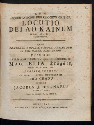 Dissertatione Philologico Critica Locutio Dei Ad Kainum Gen. IV, 6. 7. Perpenditur