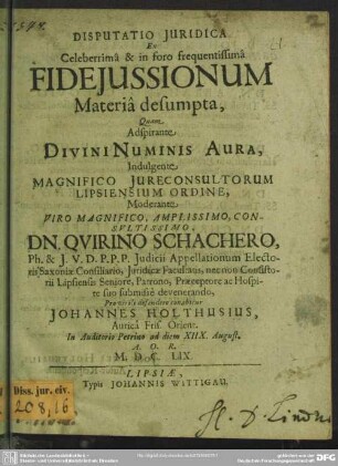 Disputatio iuridica ex celeberrimâ et in foro frequentissimâ fideiussionummateriâ desumpta