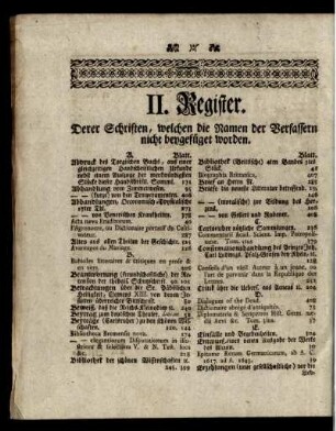 II. Register derer Schriften, welchen die Namen der Verfasser nicht beygefüget worden