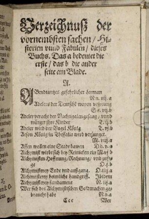 Verzeichnuß der vornembsten sachen/ Historien und Fabulen/ dieses Buchs [...]