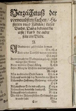 Verzeichnuß der vornembsten sachen/ Historien und Fabulen/ dieses Buchs [...]