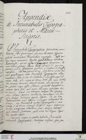 Appendix de Incunabulis Typographicis et Manu-Scriptis