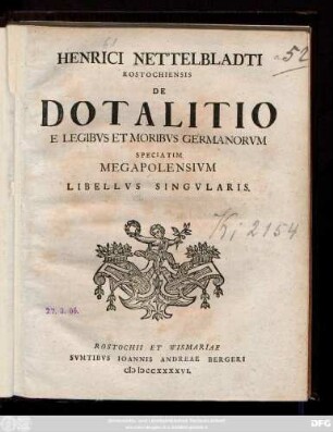 Henrici Nettelbladti Rostochiensis De Dotalitio E Legibvs Et Moribvs Germanorvm Speciatim Megapolensivm Libellvs Singvlaris