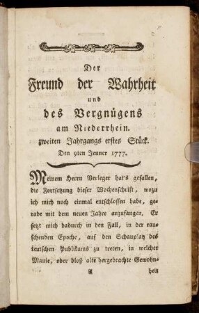 zweiten Jahrgangs erstes Stück. Den 9ten Jenner 1777.