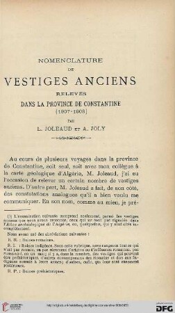 Sér. 4: Nomenclature de vestiges anciens relevés dans la province de Constantine (1907-1908)