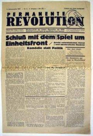 Linkssektiererische (trotzkistische) Wochenzeitung "Permanente Revolution" zur Regierungsübernahme Hitlers