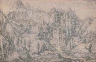 Hochgebirgslandschaft mit Wasserfall und Brücke (Teufelsbrücke, St. Gotthard?)