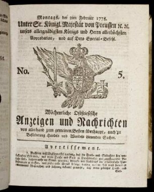No. 5. Montags, den 2ten Februar 1778.