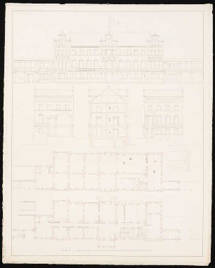 Schloss Hammerstein: Vorder- und Seitenansichten, Schnitt, Grundriss Erd- und Obergeschoss