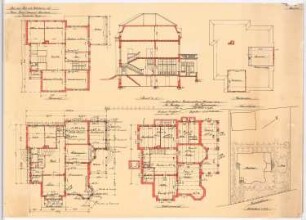 Villa Kuypers, Emsdetten: Lageplan 1:250, Grundrisse und Schnitt 1:100