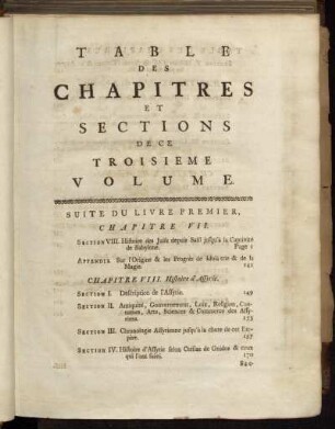 Table des Chapitres et Sections de ce Troisieme Volume.