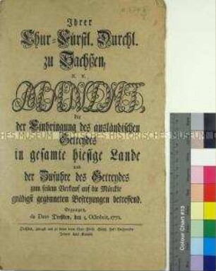 Mandat von Friedrich August III. Kurfürst von Sachsen über die Einfuhr von Getreide