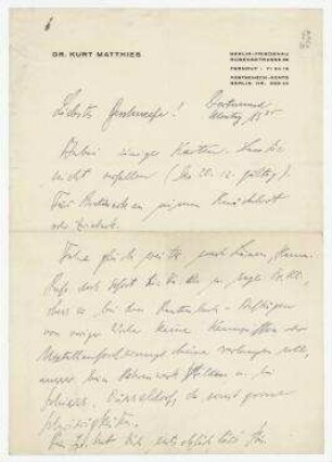 Brief von Kurt Heinz Matthies (Karl-Heinz) an Hannah Höch. Dortmund