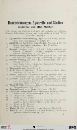 Handzeichnungen, Aquarelle und Studien von alten und neueren Meistern (Nr. 1-207)