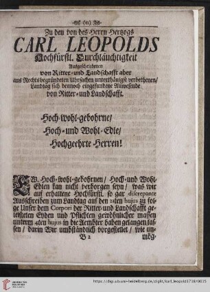 Zu den von des Herrn Herzogs Carl Leopoldis hochfürstl. Durchlauchtigkeit