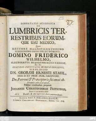 Dissertatio Academica De Lumbricis Terrestribus Eorumque Usu Medico