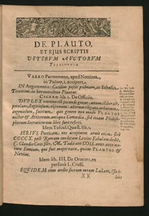 De Plauto, Et Eius Scriptis Veterum Auctorum Testimonia.