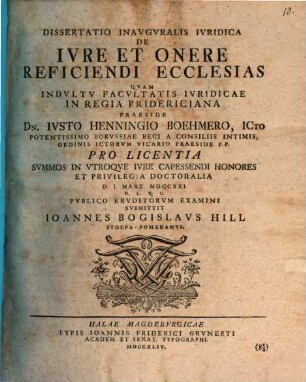 Diss. inaug. iur. de iure et onere reficiendi ecclesias