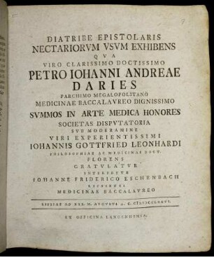Diatribe Epistolaris Nectariorvm Vsvm Exhibens