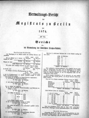 No. VIII. Bericht über die Verwaltung der städtischen Siechen-Anstalt