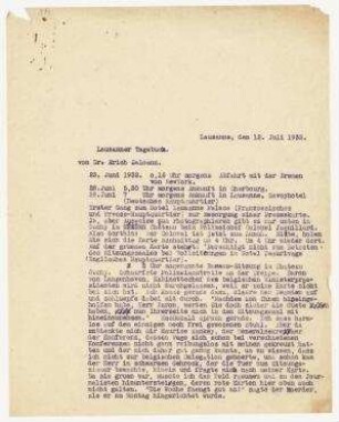 Maschinenschriftliches Typoskript von Erich Salomon zum Lausanner Tagebuch