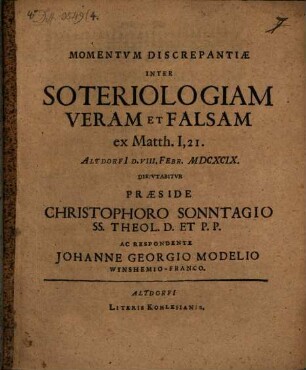Momentum discrepantiae inter soteriologiam veram et falsam, ex Matth. I,21