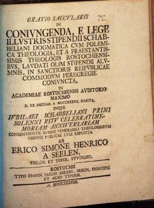 Oratio saecularis de coniungenda, e lege Ill. Stipendii Schabbeliani dogmatica cum polemica theologia ...